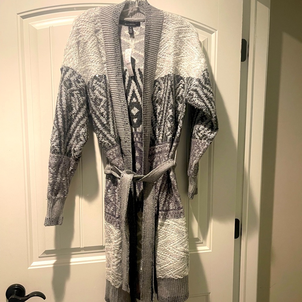 Gray, sequin long cardigan with belt